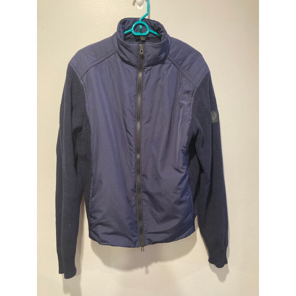 Belstaff Abbott High Neck Zip Cardigan Sz XL Dark Blue Cotton Fitted Classic